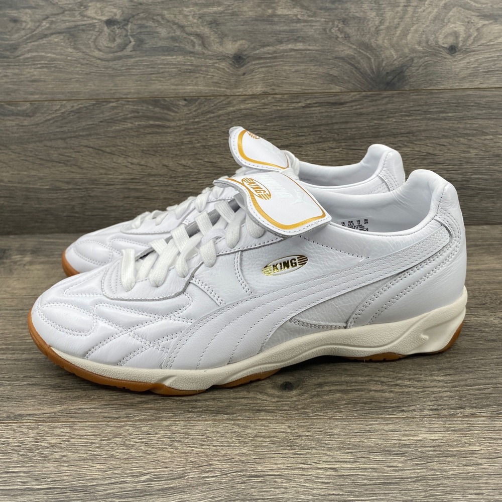 Puma King 21 IT Indoor Soccer Shoes Mens 11 White Gold Leather 401683-02